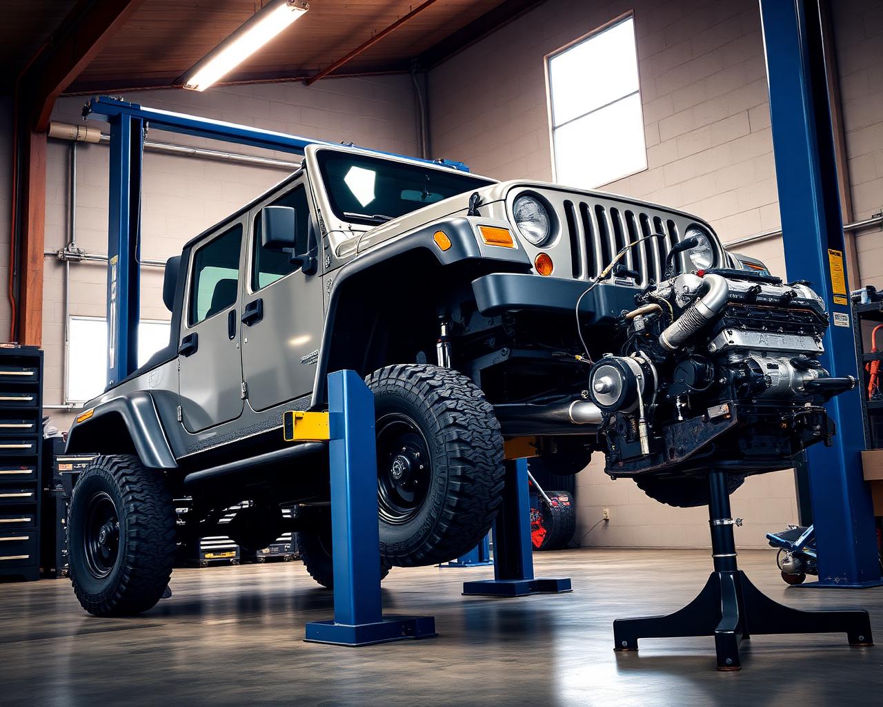 Jeep Wrangler TJ on a lift with an LS engine ready to swap