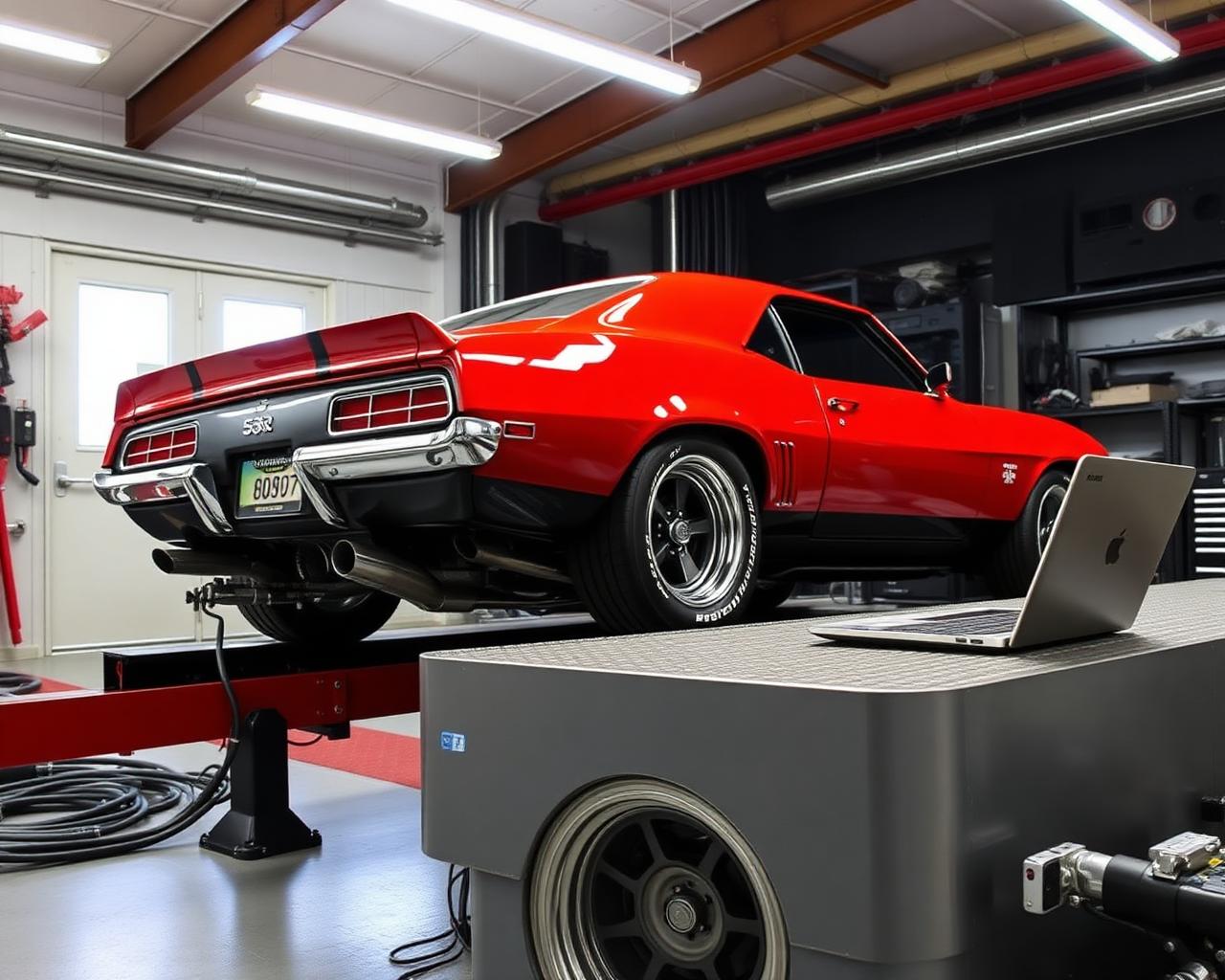 Pro-touring restomod first-generation Camaro on the chassis dyno